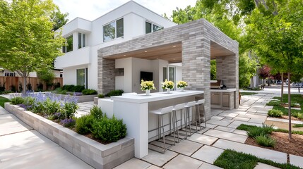 Modern Outdoor Kitchen Design Luxury Backyard Patio with White Bar and Grey Brick