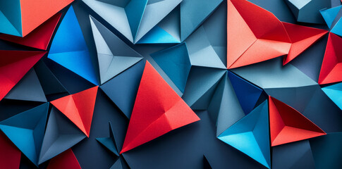 Obraz premium Geometric shapes in vibrant red and blue create visually striking abstract background, showcasing dynamic interplay of color and form that evokes creativity and modern design