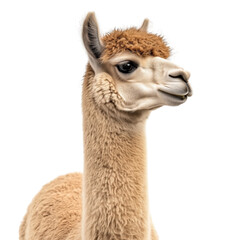 Fototapeta premium Side view of a cute brown alpaca head close-up with fluffy fur and clear eye, cut out, isolated on a transparent background, no shadow