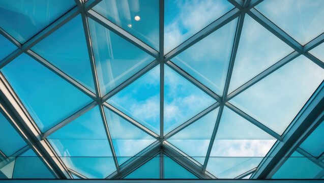 Steel and glass construction with a transparent geometric triangular design on the wall and roof