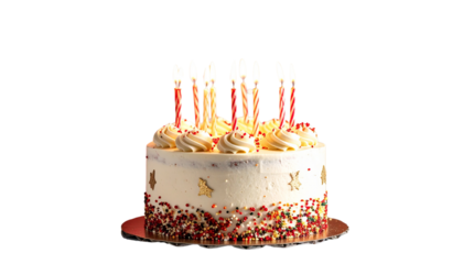 Festive cake with candles, surrounded by wrapped gift boxes and sparkles, on transparent background Png format 