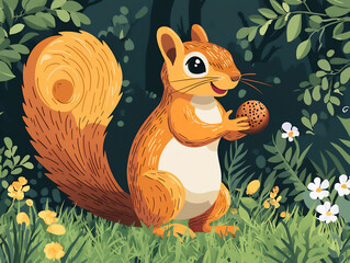 flat illustration of a playful cartoon squirrel with a nut, simple shapes, cute colors, animal