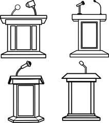 Four stylized podiums are displayed in a grid format. The top left podium features a gavel and microphone, while the top right has two microphones. The bottom podiums display single microphone.