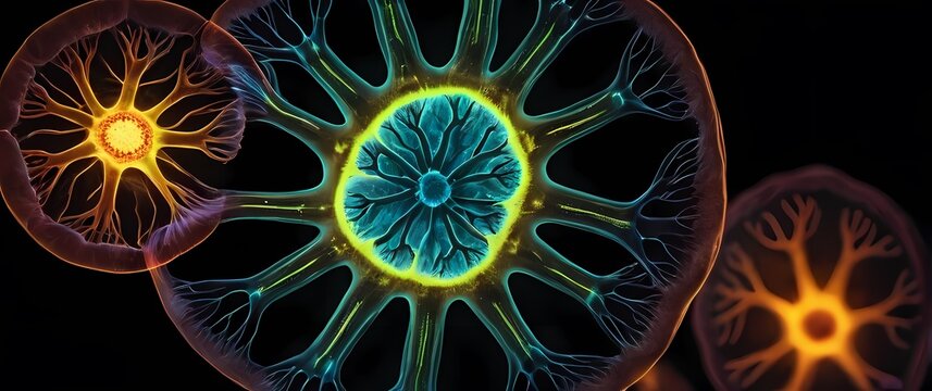 Fluorescent microscopic images revealing human cell structures glowing in intricate detail and contrast