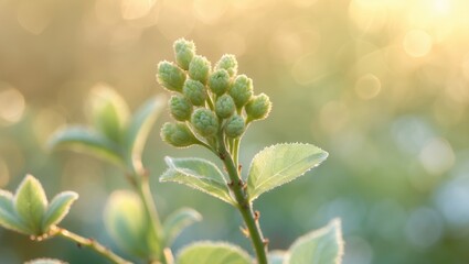 Fototapeta premium An intimate glimpse of fresh young leaves and delicate buds on a branch, gracefully illuminated by warm lighting
