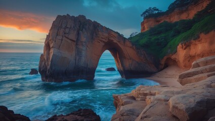 An incredible arch-shaped rock surveying the ocean from the promontory. Discover landmarks. Appreciate the earth's beauty.