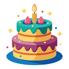 Colorful Cartoon Two-Tiered Birthday Cake with Candle