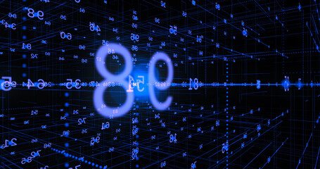 Futuristic wire cubes with digital numbers, motion around zoom in. Dark space with blue illuminated grid. Numbers and counters. Concept Science, physics, shapes, mathematics and teechnology, ai