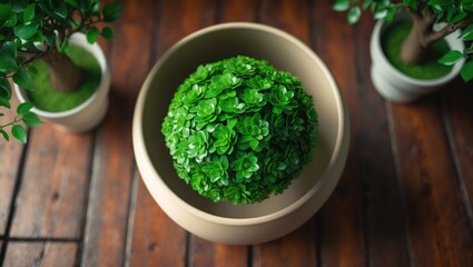 Small white pots with artificial trees and green shrubs set on weathered brown flooring
