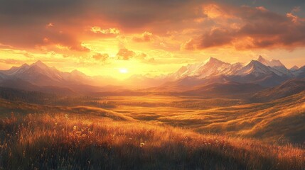 Obraz premium An expansive landscape features rolling hills illuminated by the warm glow of golden hour, framed by majestic snow-capped mountains in the distance. The colors create a tranquil atmosphere