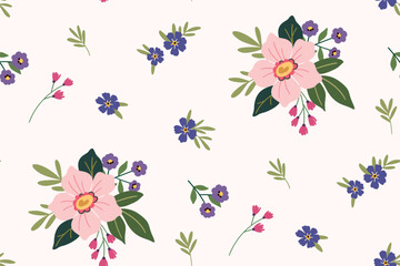 Seamless floral pattern, cute ditsy print with small and large plants in liberty composition. Pretty botanical surface design of hand drawn flowers, tiny leaves, simple bouquets. Vector illustration.