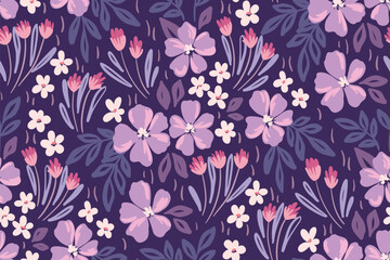 Seamless floral pattern, liberty ditsy print with hand drawn purple meadow. Cute botanical design, abstract artistic print of small flowers, leaves on dark field. Vector illustration. © Yulya i Kot