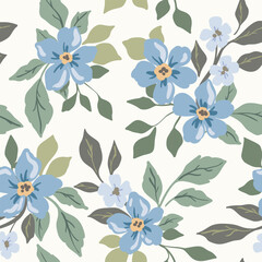 Seamless floral pattern, liberty ditsy print in delicate spring colors. Cute botanical design of gentle hand drawn blue flowers, large leaves, simple pretty bouquets. Vector illustration.