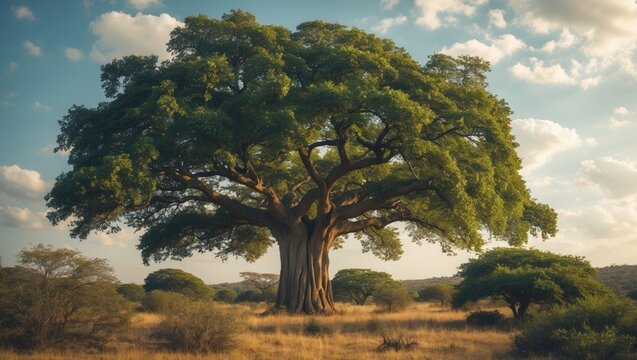 An old large wild fig tree towering over the grassland