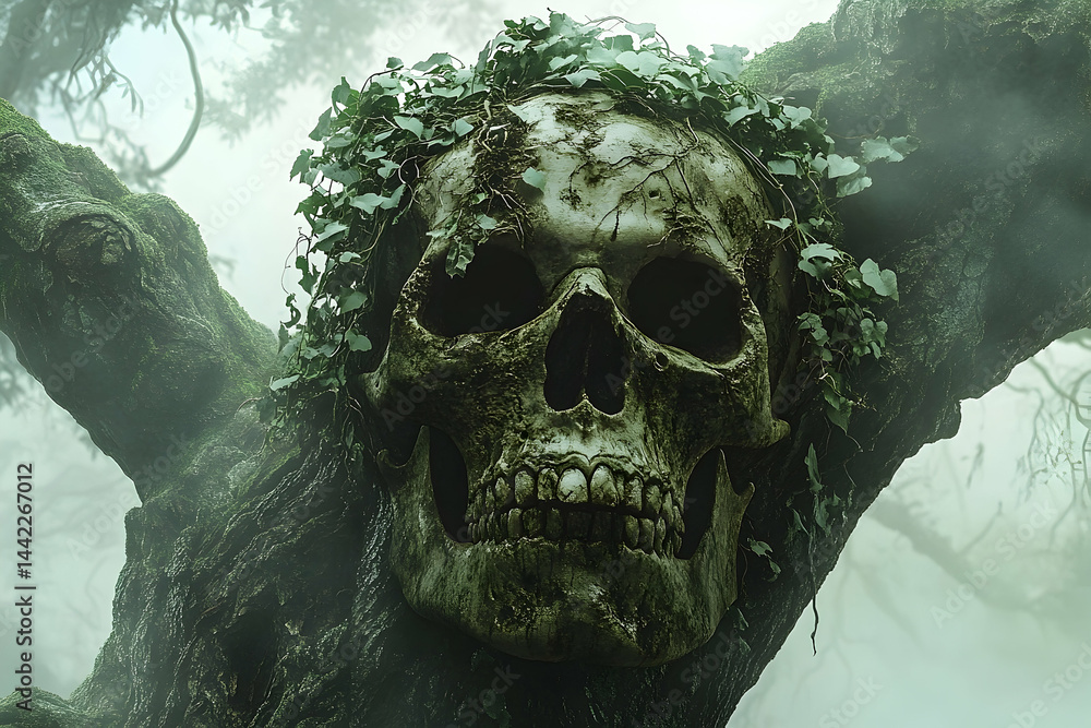 Poster a skull adorned with foliage resting on a misty tree trunk.