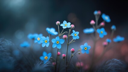 Close-up detail of miniature blue flowers with pink buds. Subtle design will adorn home interiors.