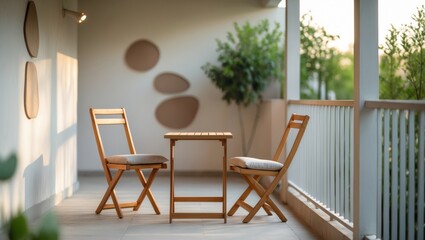 Balcony with a wooden table and chair arrangement