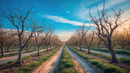 Fototapeta premium Spring approaches as a colorful peach orchard features bare trees in tidy rows under a clear sky.