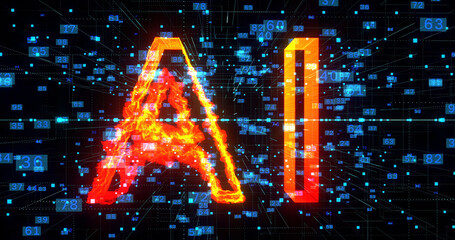 Artificial Intelligence, AI title in fire. Technology big Data Network Abstract Background, Future Concept Visualization, Transmission Connection with numbers
