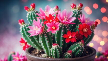 Close-up of crab cactus with red blossoms, green leaves, and bokeh festive lights