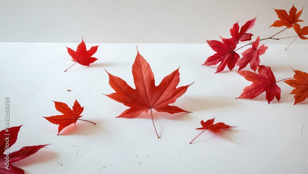 Poster white background showcasing autumn leaves with shadows, featuring a clipping path for isolation