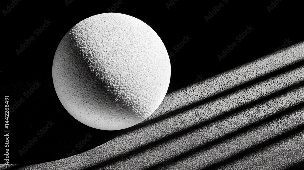 Poster a white sphere with a textured surface is positioned on a curved surface, casting a shadow.
