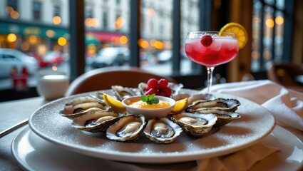 Obraz premium Twelve oysters in their raw form paired with a Bloody Mary.