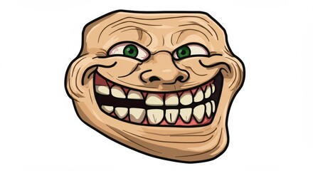 Illustration of a troll face with green eyes and a wide grin on a white background