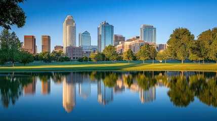Fototapeta premium A beautiful city skyline is reflected on a calm lake