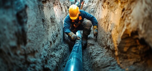 Construction worker examines pipe in trench