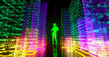 Dancing neon silhouette of woman against the background of skyscrapers made of bright particles. Futuristic science fiction tunnel through skyscrapers in city. 3D animation, Motion graphics