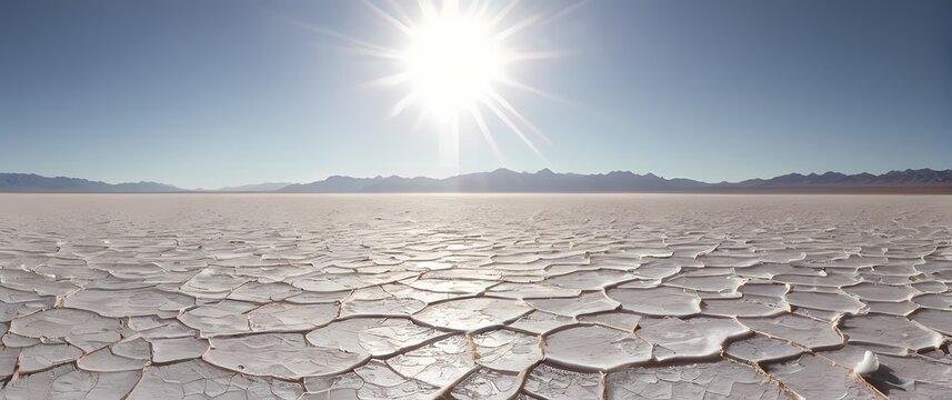 Expansive desert salt flats shimmering under a cloudless midday sun with distant mirages
