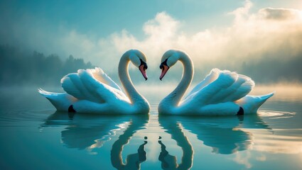 Pair Graceful Swans Reflecting Tranquil