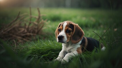 Endearing Beagle Puppy Unwinding in a Green Pasture