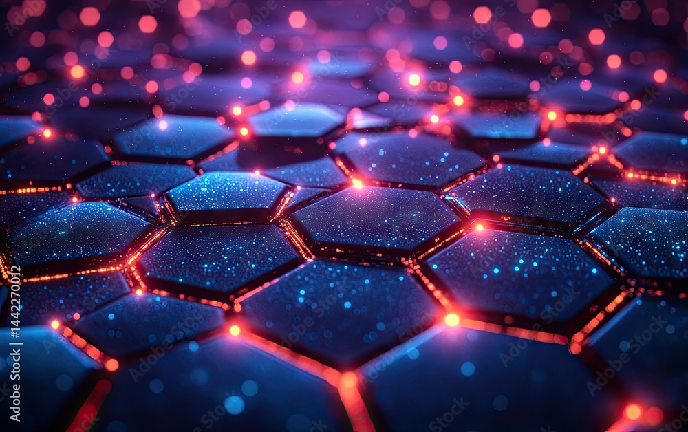 Poster abstract pattern of glowing hexagonal shapes.