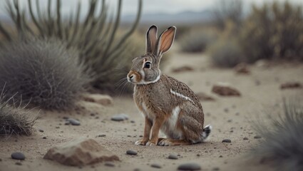 Fototapeta premium A gorgeous black-tailed jackrabbit is perched in the sand of Springs