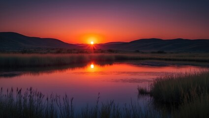 Fototapeta premium Bright orange crimson sunset illuminating the Wildlife Refuge valley