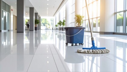 Mop and Cleaning Bucket in Modern Corridor with White Tiled Floor, Low-Angle