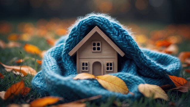 Toy wooden house with a warm scarf around it on leafy background, representing preparing the house for cold weather.