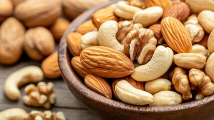 Nut Assortment: A vibrant collection of mixed nuts spilling from a rustic wooden bowl, an inviting display of textures and flavors.
