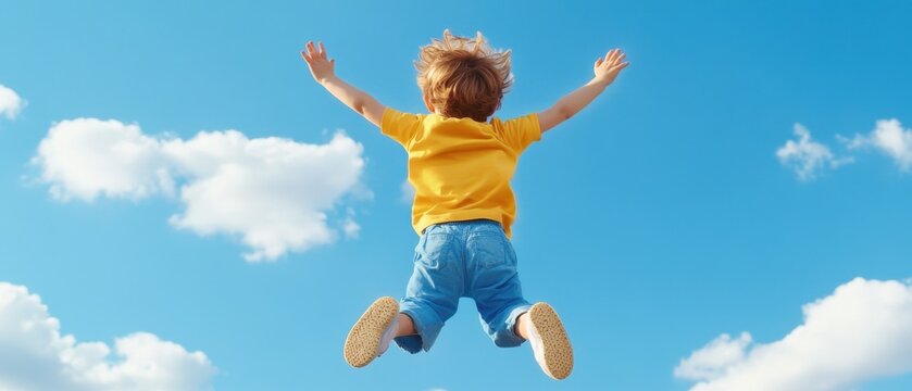 Child jumping in blue sky