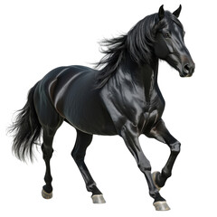 Obraz premium Side view of a majestic black horse in motion with flowing mane, cut out, isolated on a transparent background, no shadow.