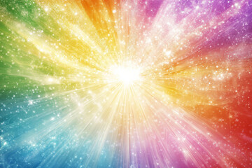 Naklejka premium explosion of light beams radiates in rainbow of colors, creating mesmerizing and enchanting atmosphere filled with sparkling stars. This colorful display evokes feelings of joy and wonder