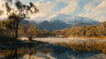 A scenic landscape featuring mountains trees and reflective water