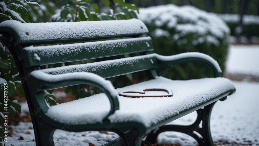 Poster a bench outside is dusted with snow, displaying a heart shape etched into the frost, bordered by lea
