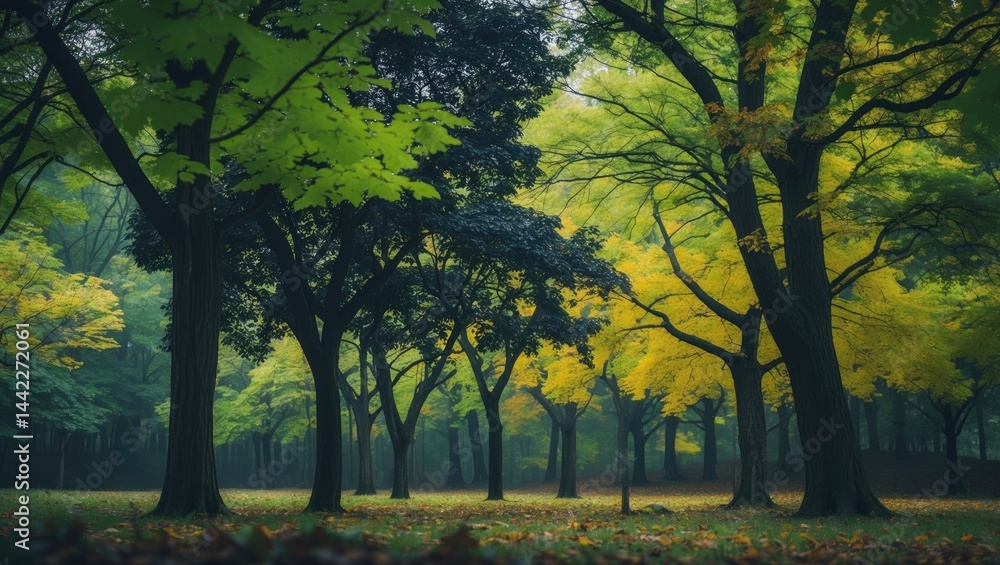 Poster trees displaying autumn colors in the park.
