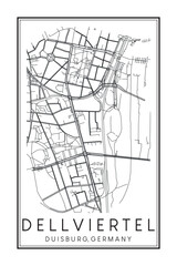 Hand drawn printable downtown road map poster of borough DELLVIERTEL of the German city of DUISBURG on solid white background with city name