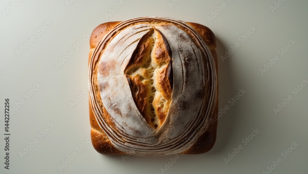 Poster overhead view of a rustic ciabatta loaf on a plain background with space for text.