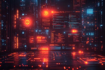 Futuristic server room, data streams, glowing interfaces, cyberpunk backdrop, tech concept