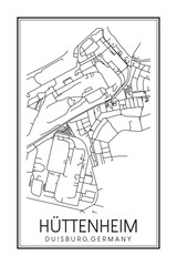 Hand drawn printable downtown road map poster of borough H&Uuml;TTENHEIM of the German city of DUISBURG on solid white background with city name